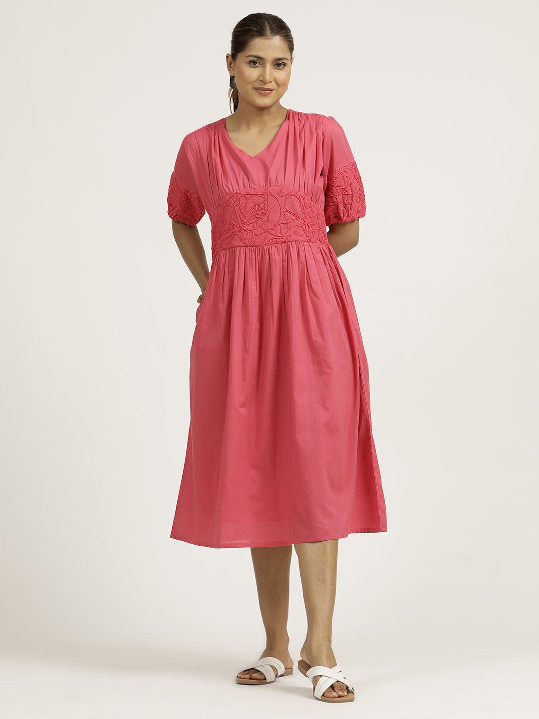 Pink Dori Embroidered Gathered Cotton Dress