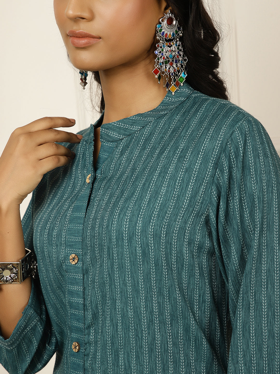 Teal Self-Design Straight Kurta With Palazzo