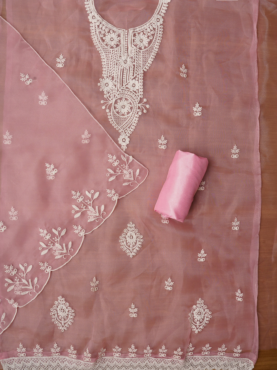 Baby Pink Embroidered Organza Dress Material with Dupatta