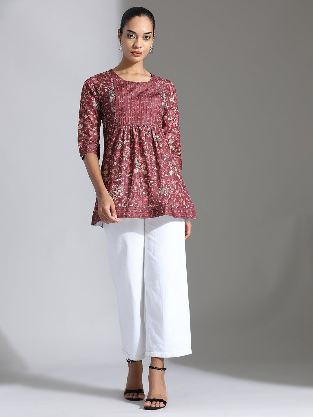 Maroon Floral Printed Chinon Peplum Top