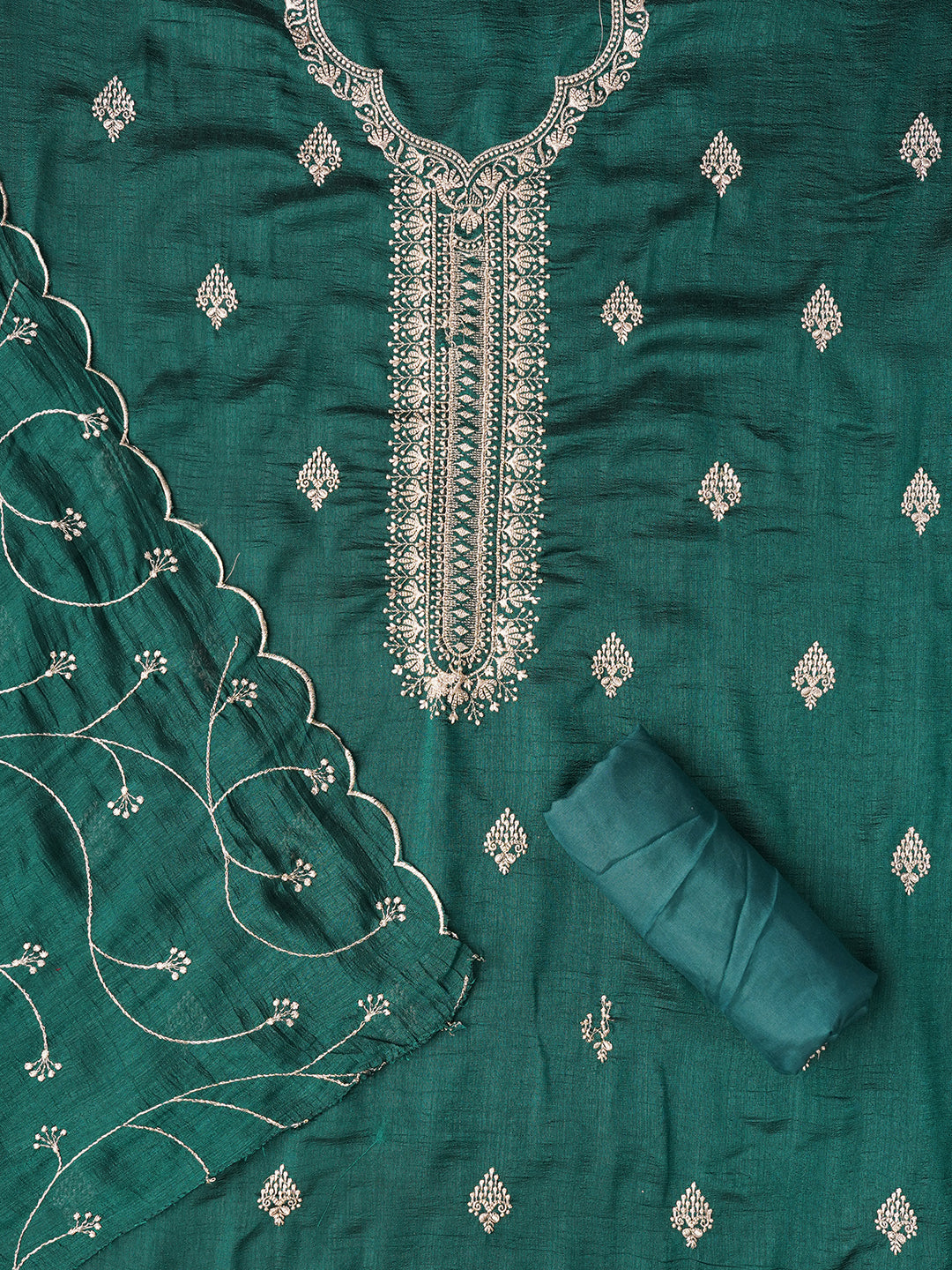 Unstitched Green Embroidered Silk Blend Dress Material With Dupatta