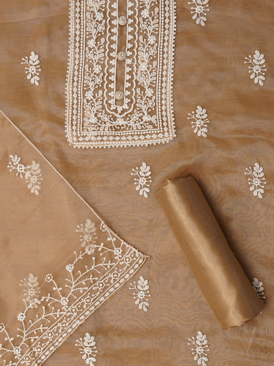 Beige Unstitched Embroidered Organza Dress Material With Dupatta