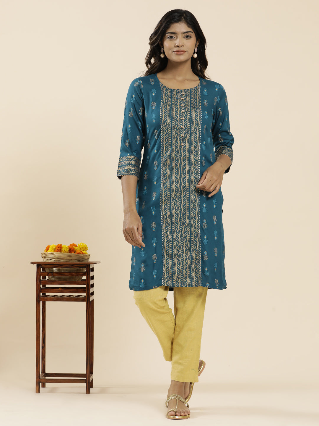 Teal Ethnic Printed Straight Kurta