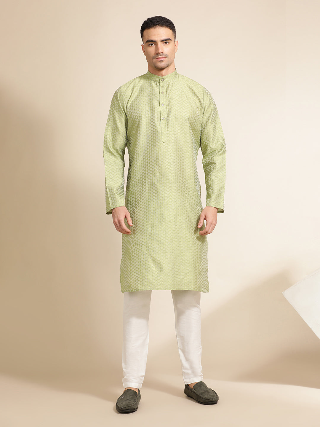 Mehandi Green Festive Kurta With Printed Nehru Jacket Set