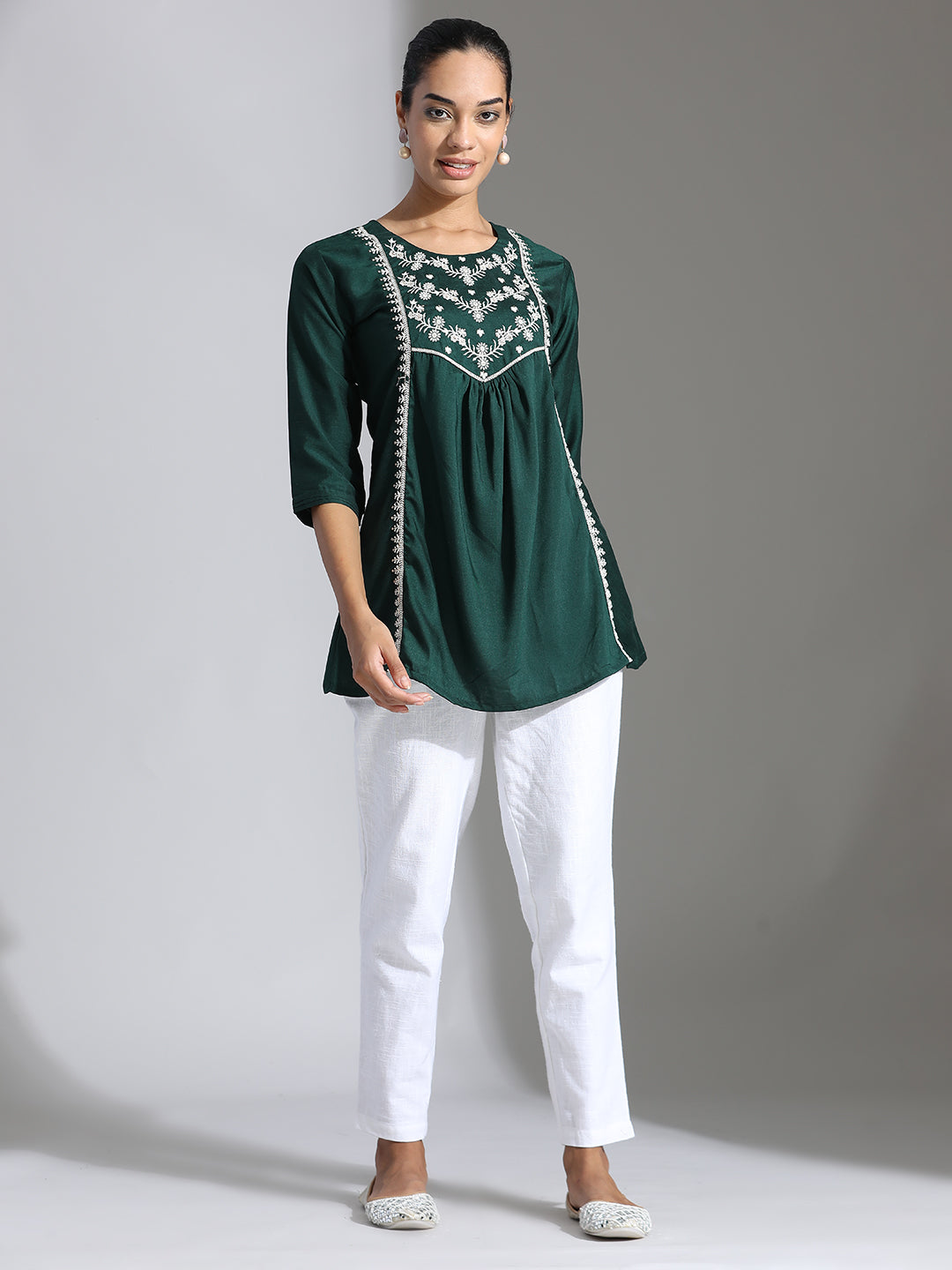 Dark Green Embroidered Party Wear Gathered Top