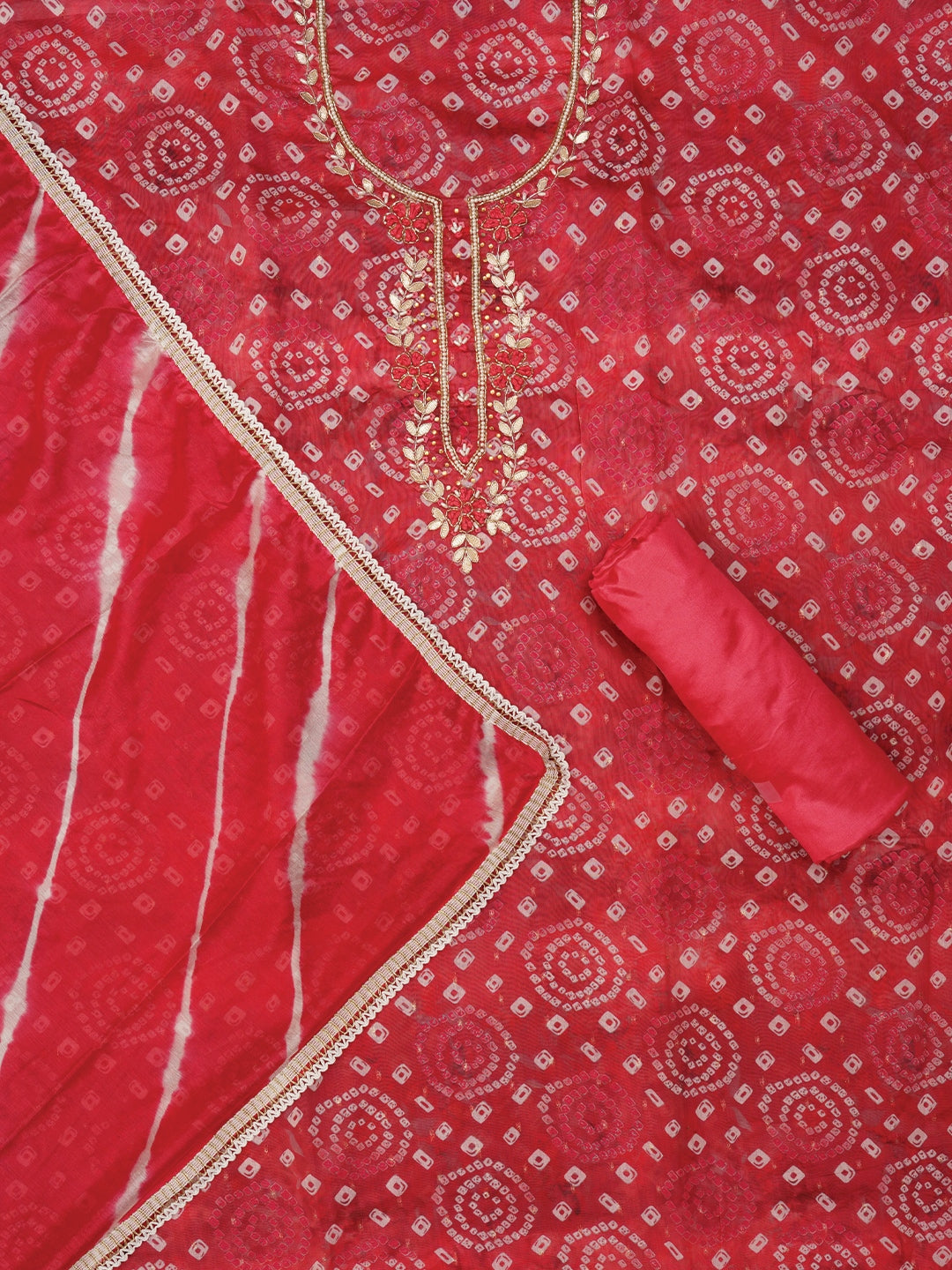 Rust Bandhani Embroidered Dress Material with Leheriya Dupatta