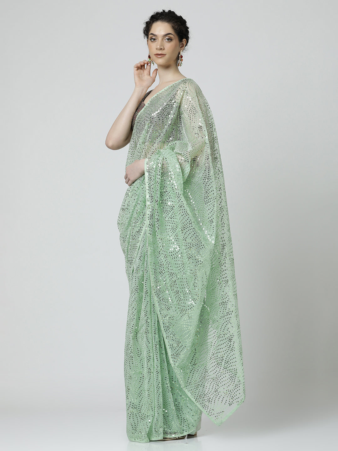 Light Green Sequin Embellished Georgette Saree