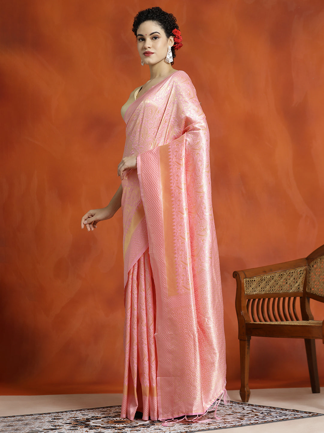 Baby Pink Heavy Banarasi Zari Woven Silk Blend Saree