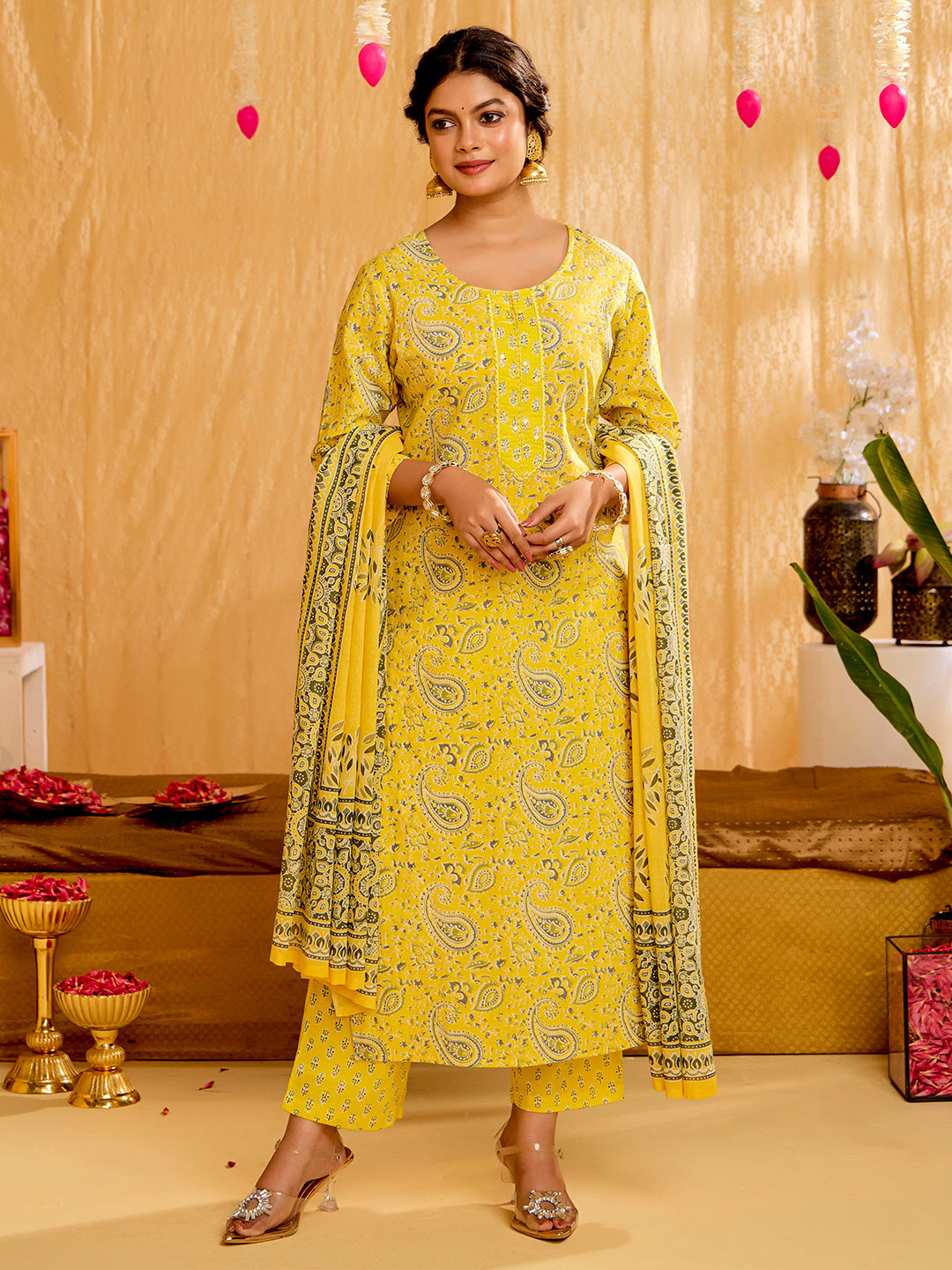 Yellow Ethnic Printed Pure Cotton Suit Set