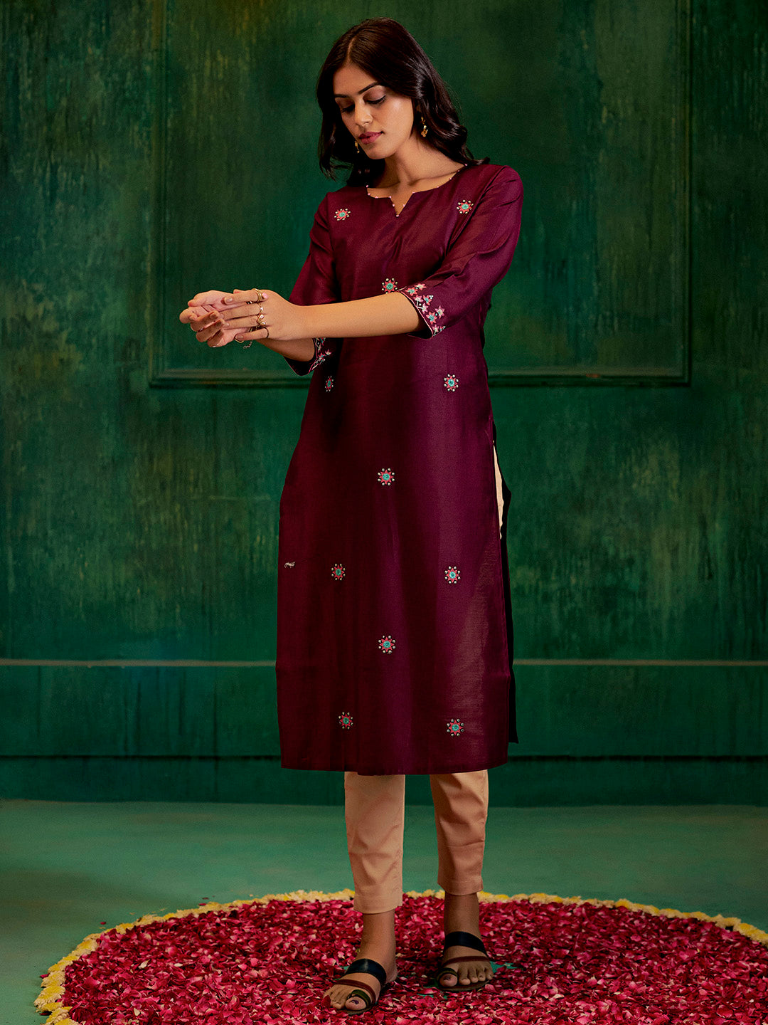 Burgundy Self Woven Embroidered Straight Kurta