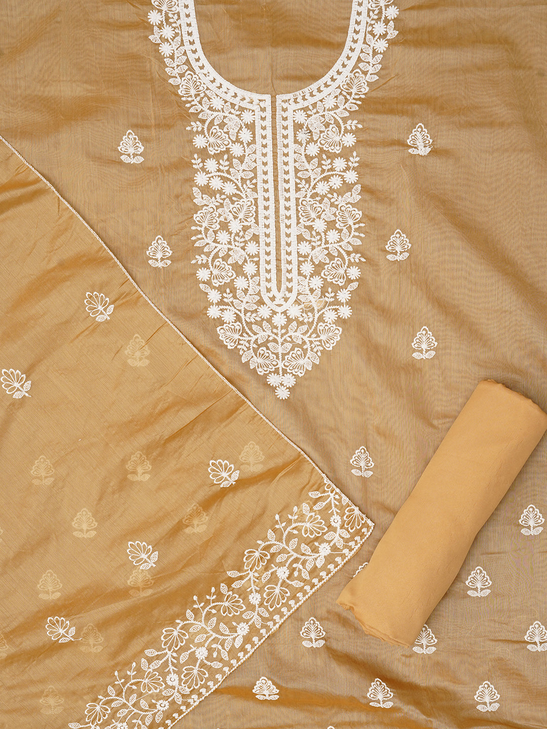 Beige Unstitched Embroidered Cotton Blend Dress Material With Dupatta