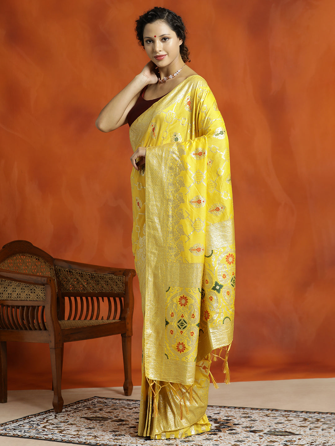 Yellow Party Wear Silk Banarasi Floral Zari Woven Design Saree