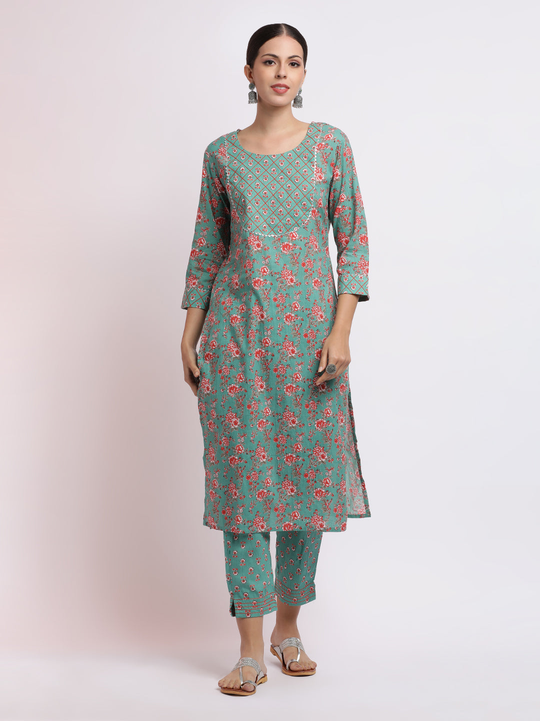 Turquoise Blue Floral Printed Pure Cotton Kurta Set