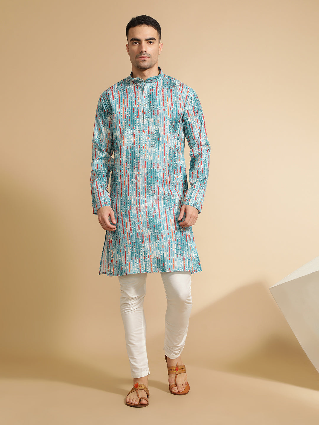 Teal Blue Abstract Printed Cotton Kurta for Men