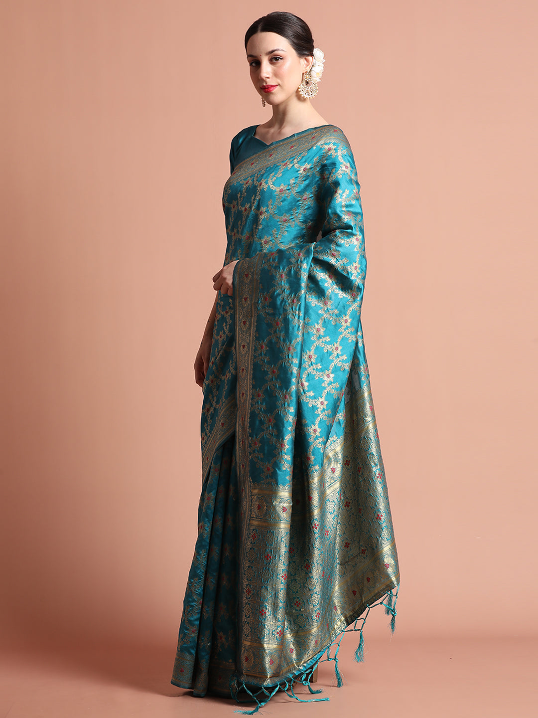 Teal Banarasi Zari Woven Silk Blend Saree