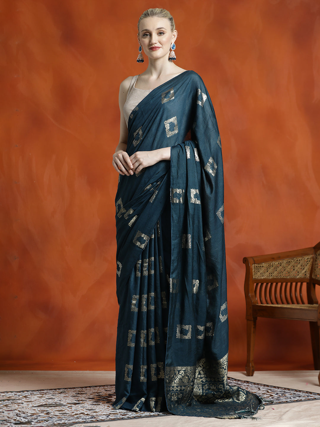 Banarasi Teal Zari Woven Cotton Blend Saree