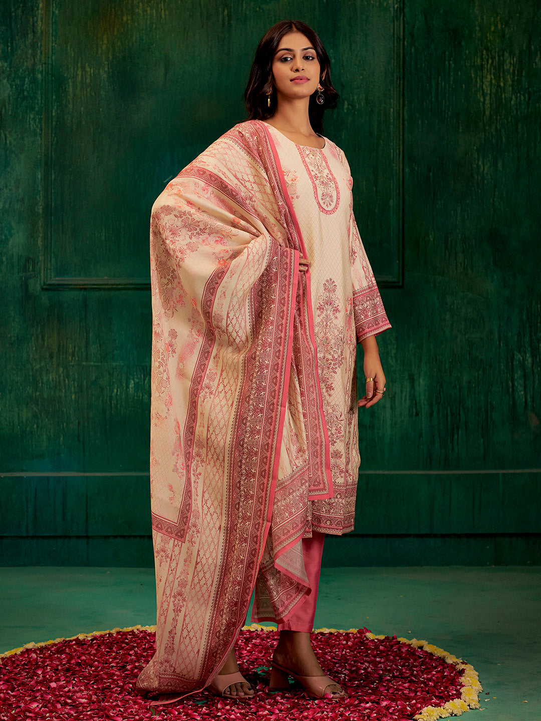 Pink Hand Embroidered Printed Kurta Set With Dupatta