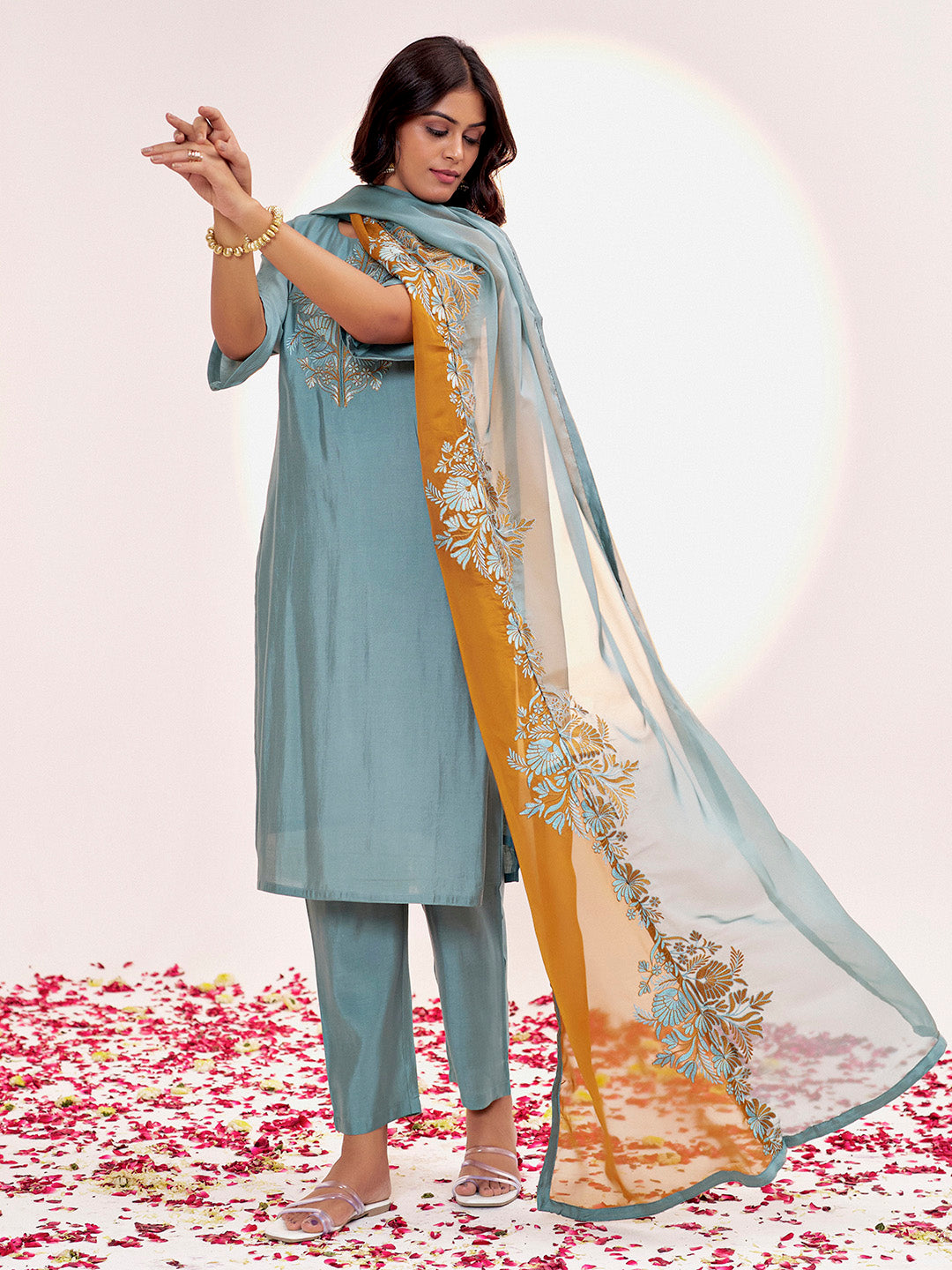 Sea Blue Resham Embroidered Festive Kurta Set With Dupatta