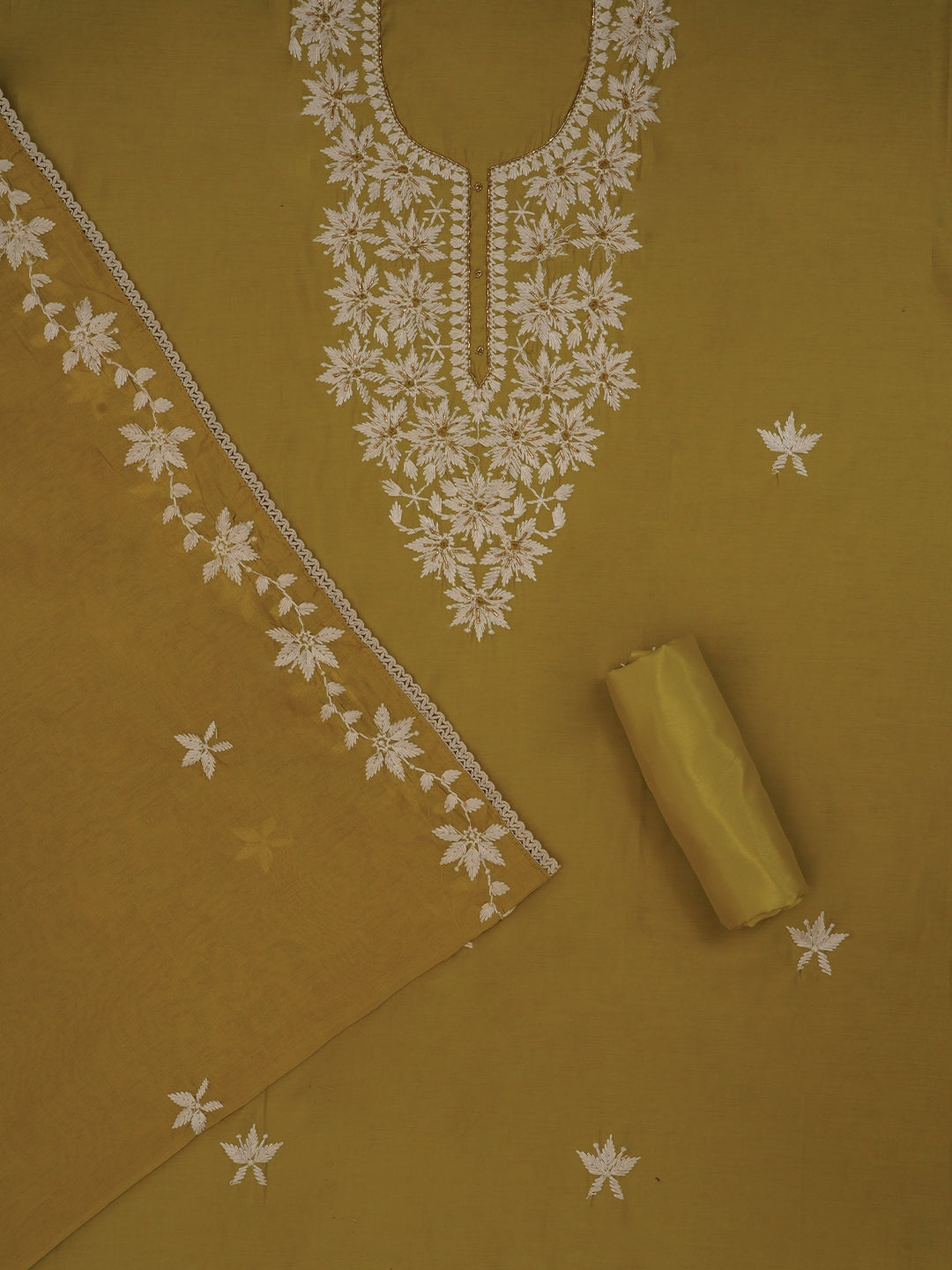 Lime Unstitched Festive Embroidered Dress Material with Dupatta