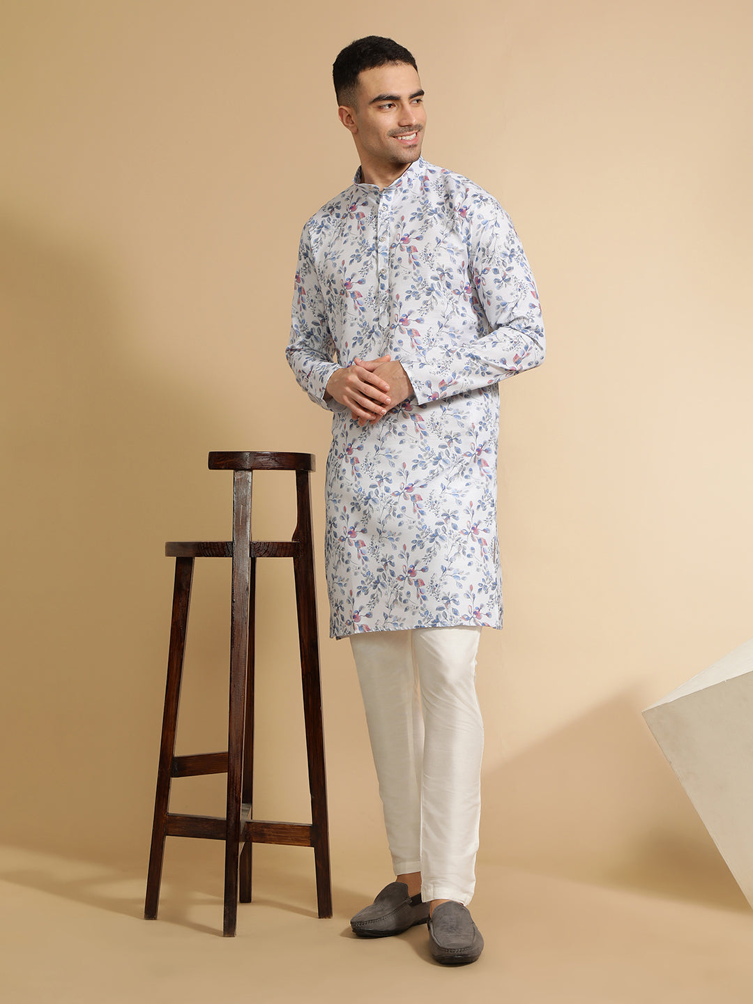 Floral Printed Off White & Blue Cotton Kurta for Men