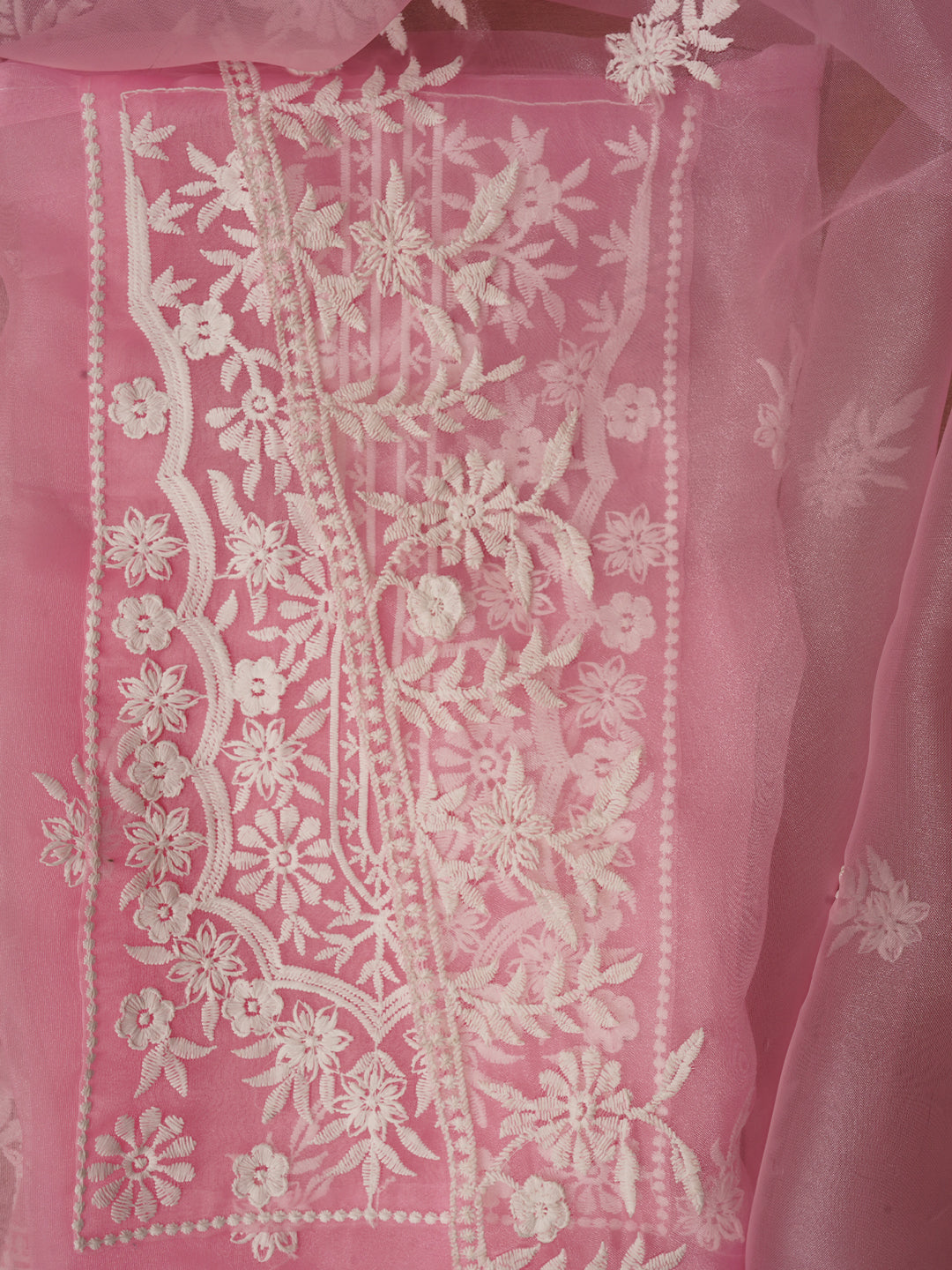 Baby Pink Thread Embroidered Organza Festive Dress Material with Dupatta