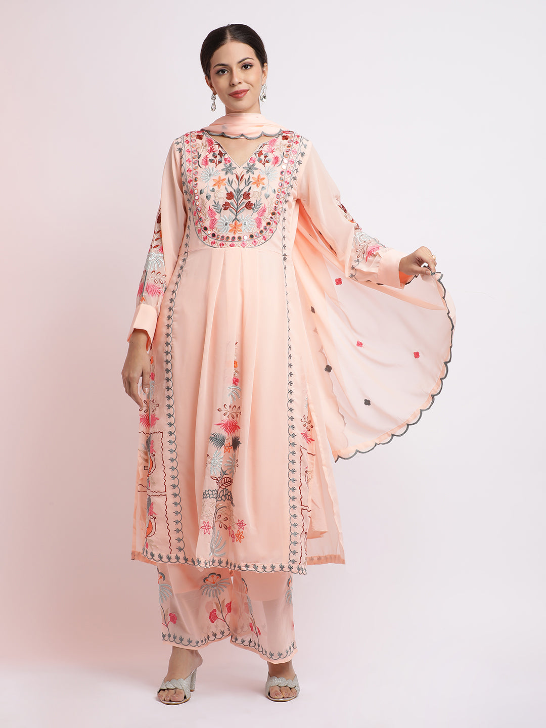 Peach Thread Embroidered Georgette Kurta Set With Dupatta