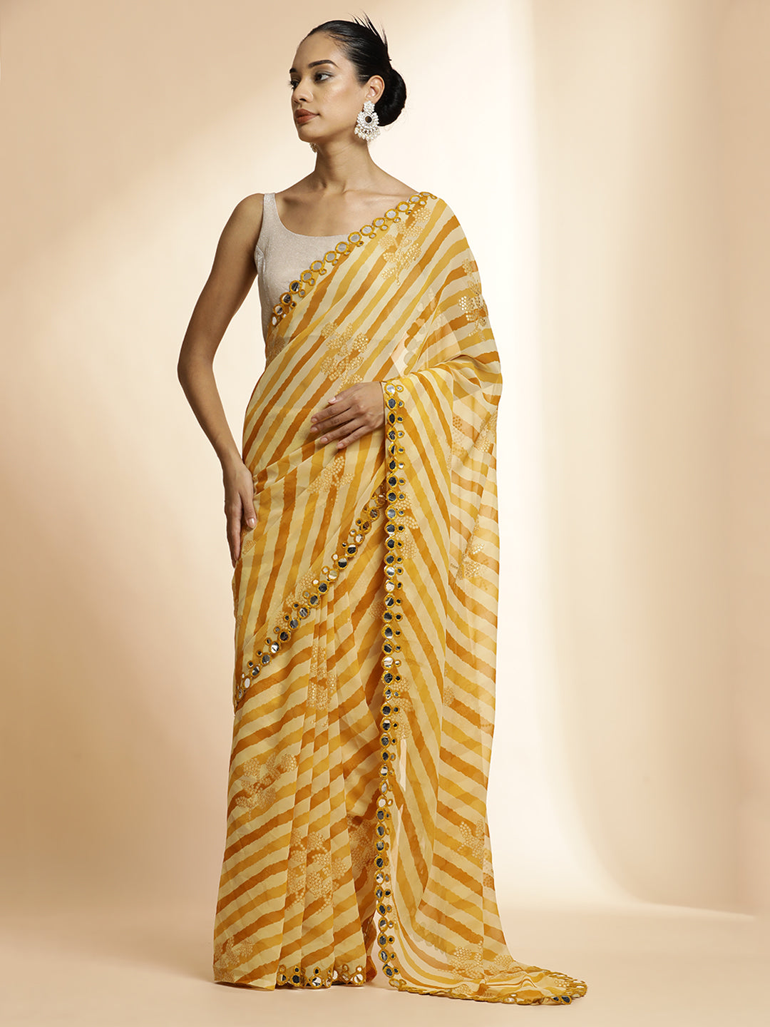 Pure Georgette Leheriya Mirror Work Yellow Saree