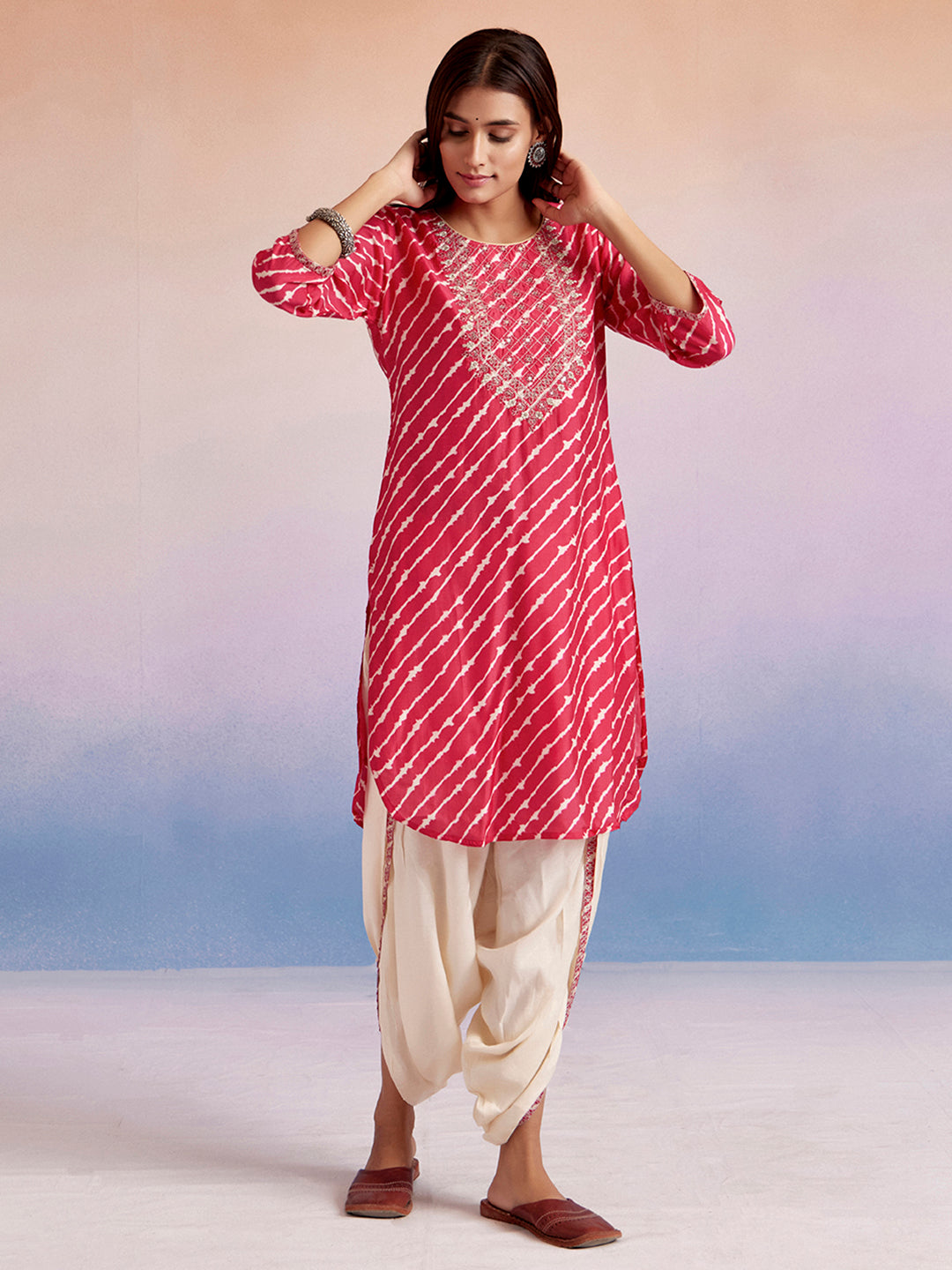 Embroidered Leheriya Fuchsia Kurta With Dhoti