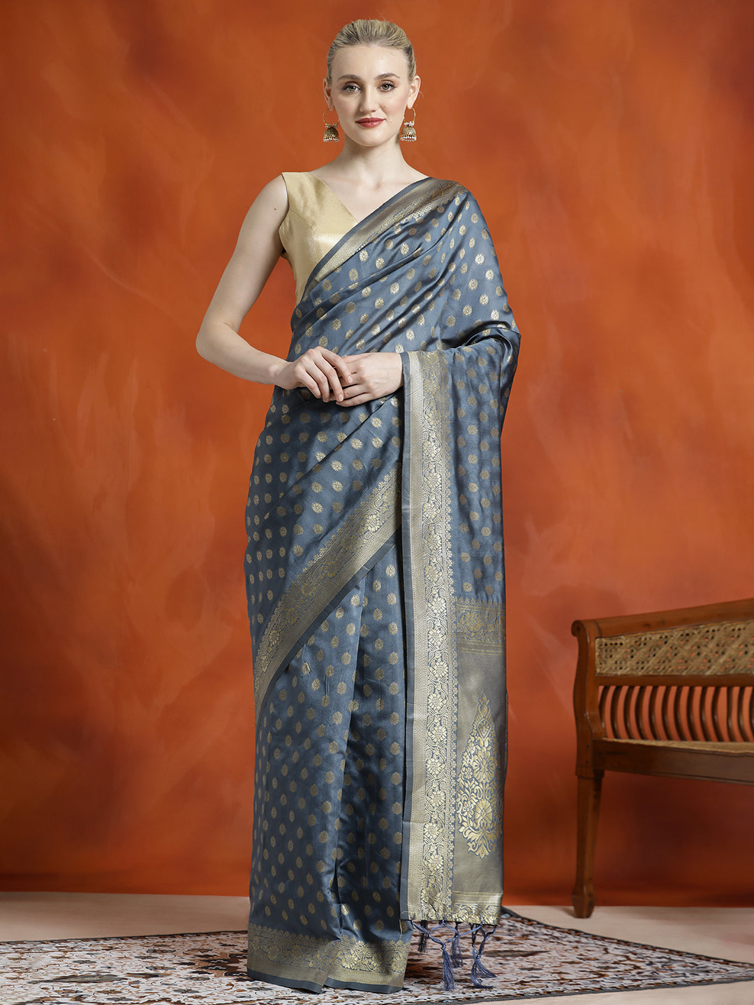 Grey Heavy Banarasi Zari Woven Silk Blend Saree