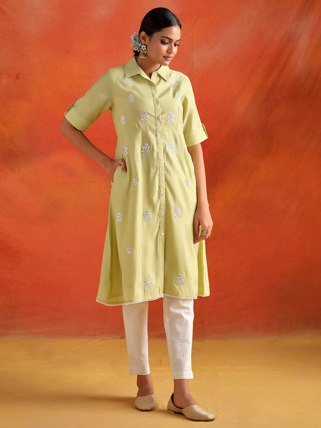 Lime Green Mirror Work Viscose Chanderi A-line Kurta