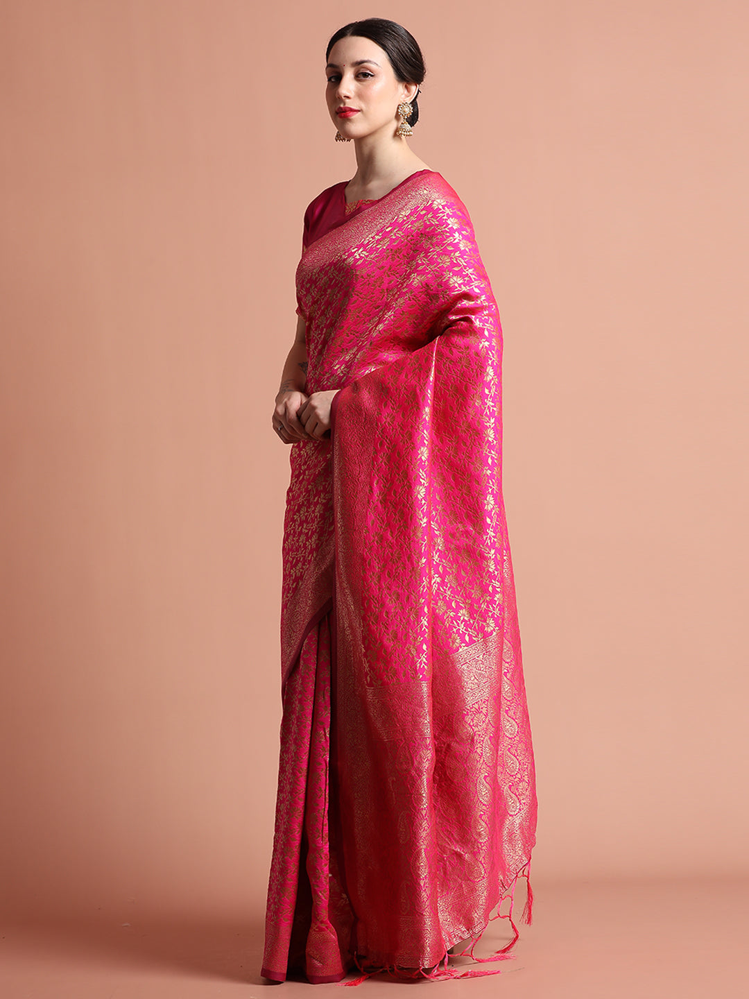 Pink Heavy Banarasi Zari Woven Silk Blend Saree