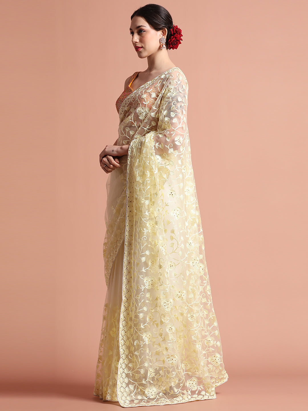 Party Wear Floral Cream Embroidered Net Saree