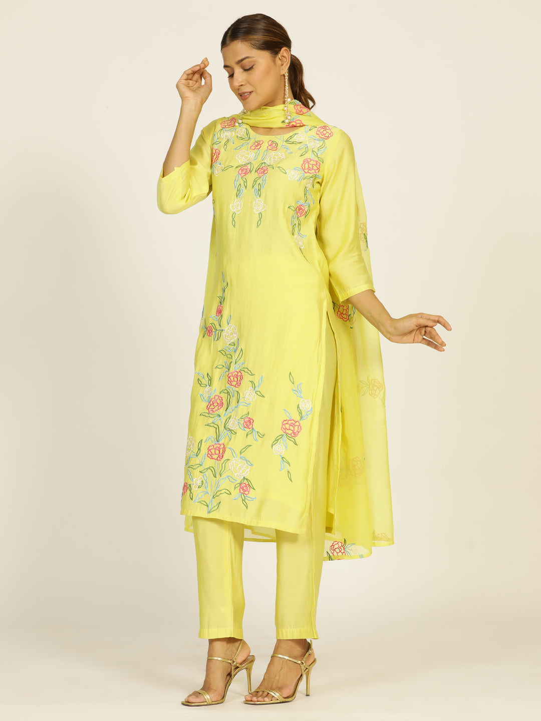 Lime Green Resham Embroidered Chanderi Festive Suit Set