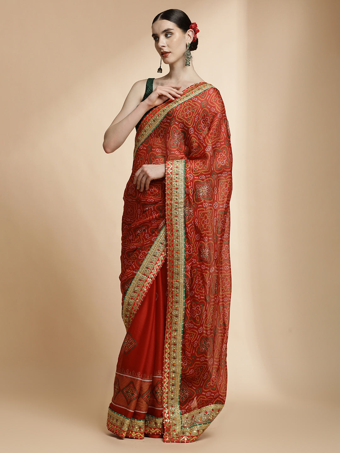 Red Traditional Embroidered Bandhani Pure Georgette Saree