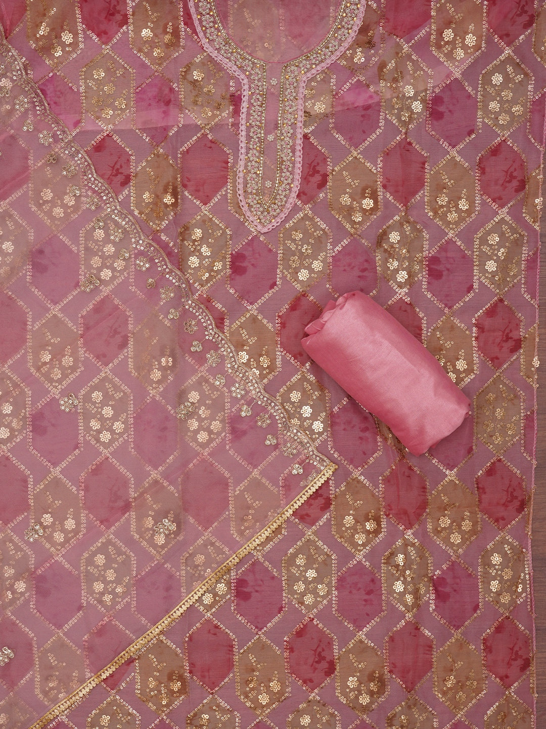 Pink Sequin Embroidered Organza Dress Material with Dupatta