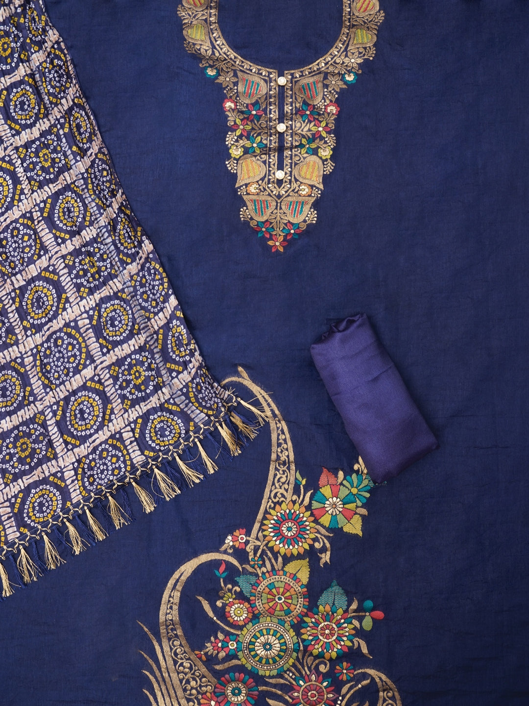 Blue Unstitched Zari Silk Blend Dress Material With Dupatta