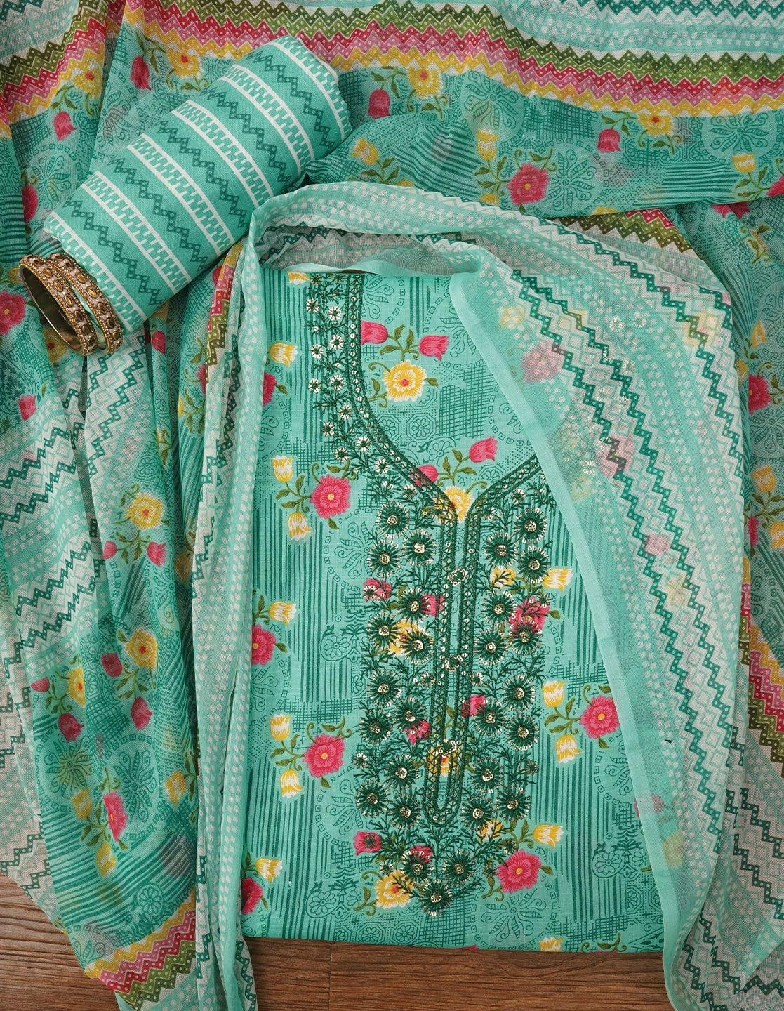 Green Unstitched Embroidered Cotton Dress Material With Dupatta