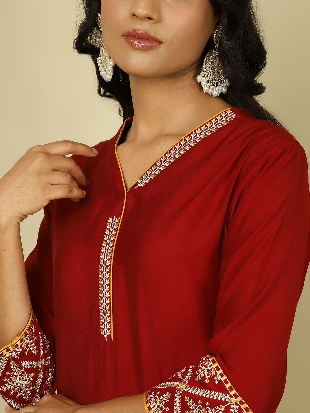 Maroon Silk Blend Embroidered Suit Set