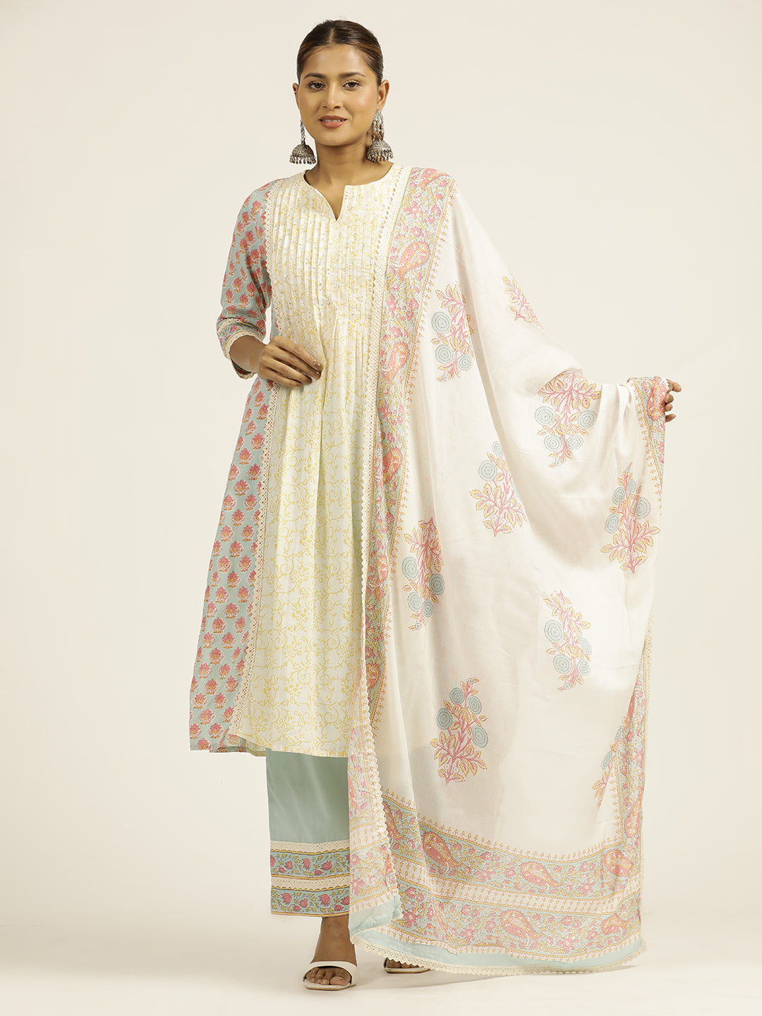 Ethnic Printed Cotton Pastel Suit Set