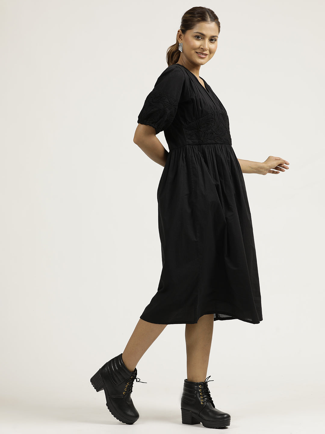 Black Dori Embroidered Gathered Cotton Dress