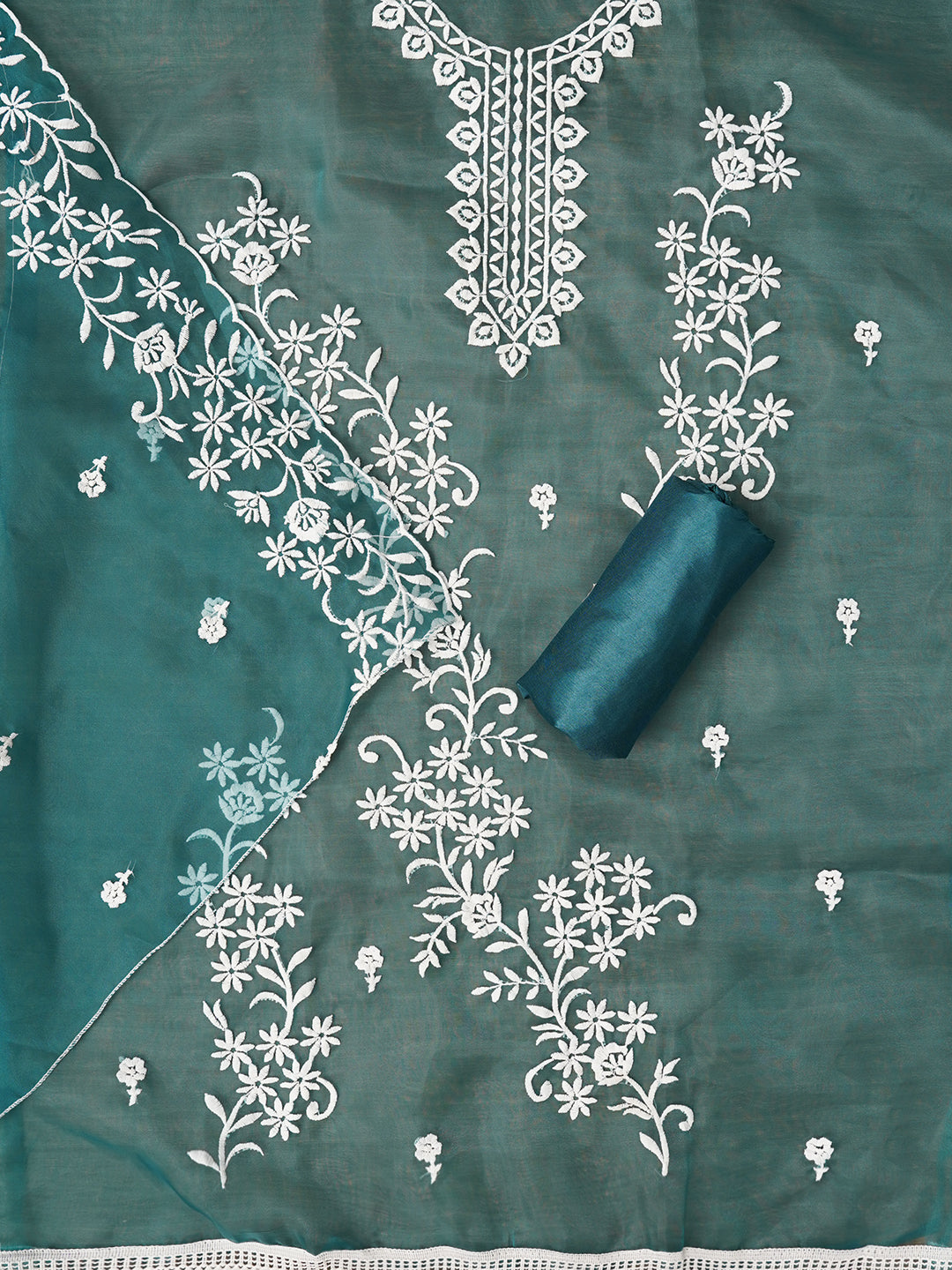 Sea Green Floral Embroidered Organza Dress with Dupatta