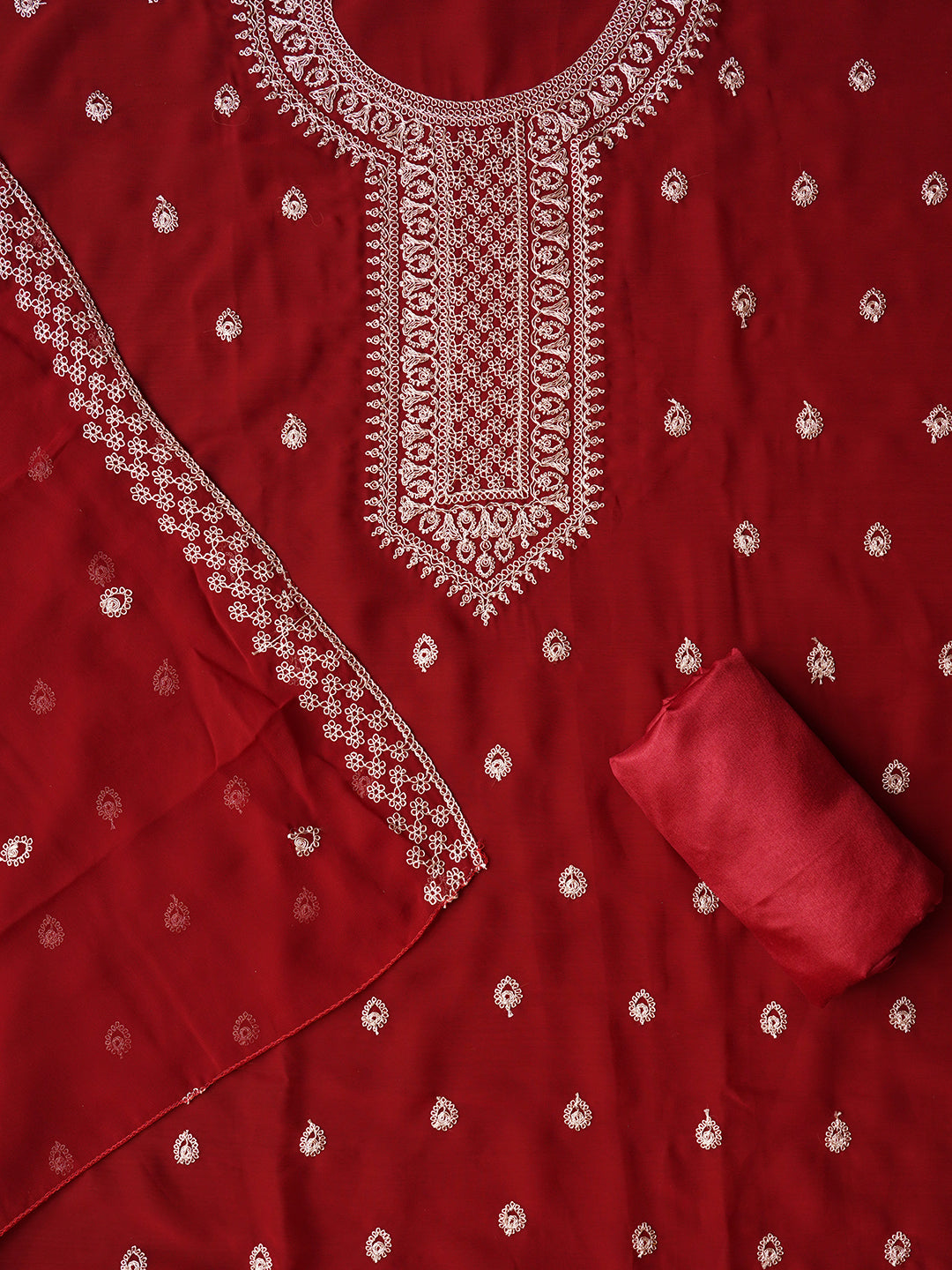 Maroon Unstitched Embroidered Silk Georgette Dress Material With Dupatta