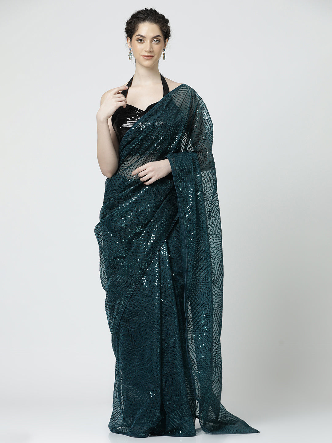 Teal Sequin Embellished Georgette Saree