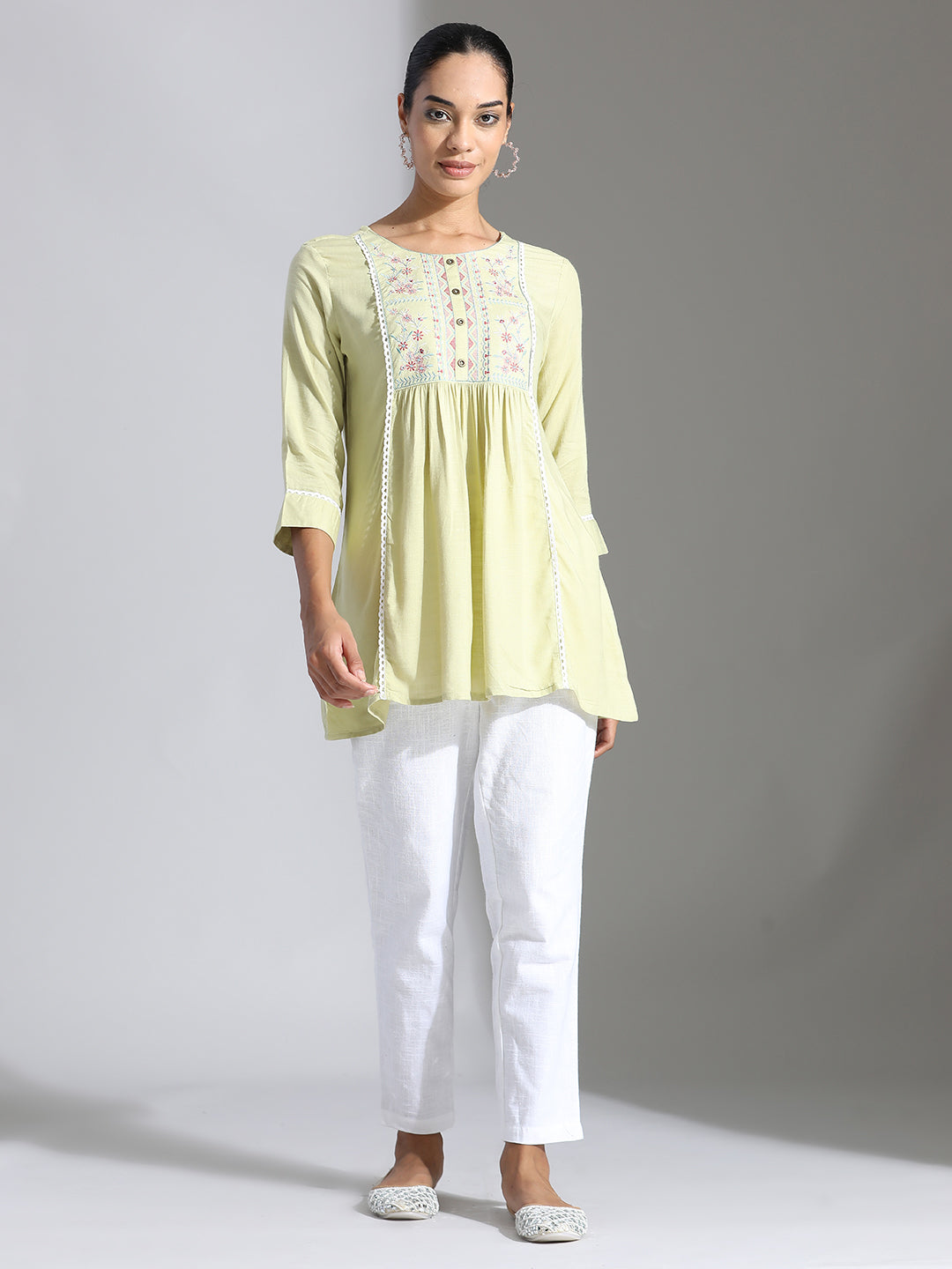 Green Embroidered Rayon Gathered Top