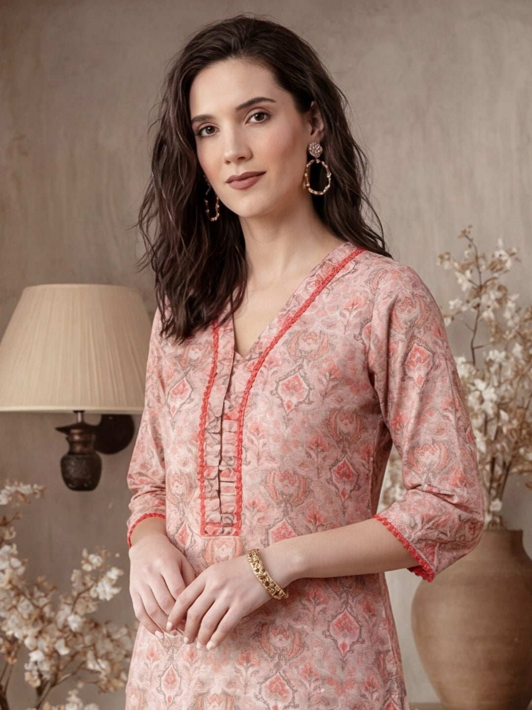 Ethnic Printed Peach Straight Kurta With Lace