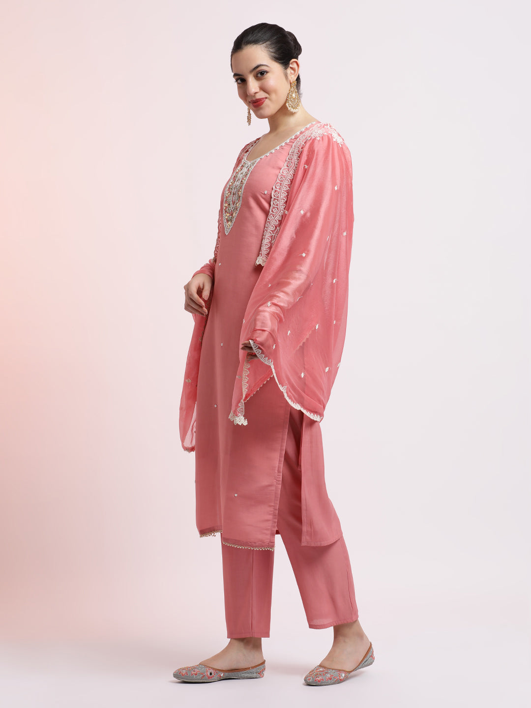 Baby Pink Embroidered Cotton Festive Kurta Set With Dupatta