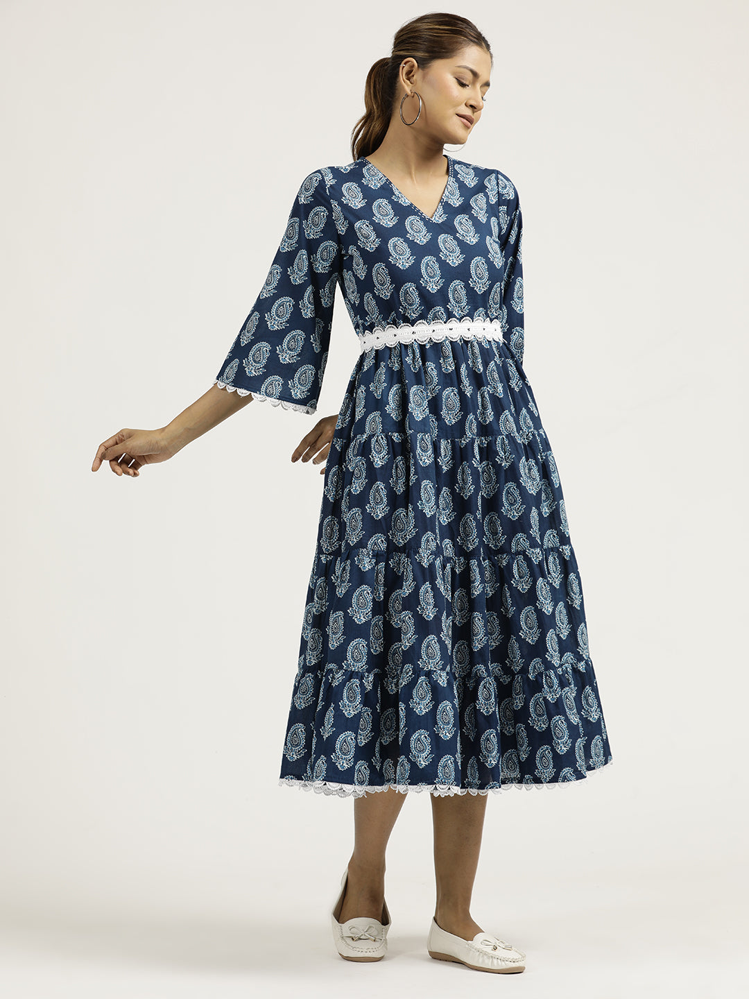 Paisley Indigo Blue Tier Cotton Dress With Belt