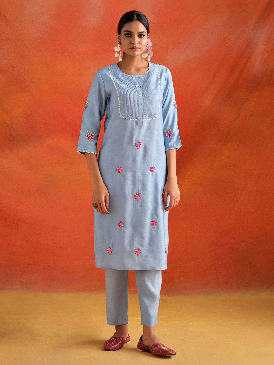 Blue Embroidered Viscose Chanderi Festive Kurta Set