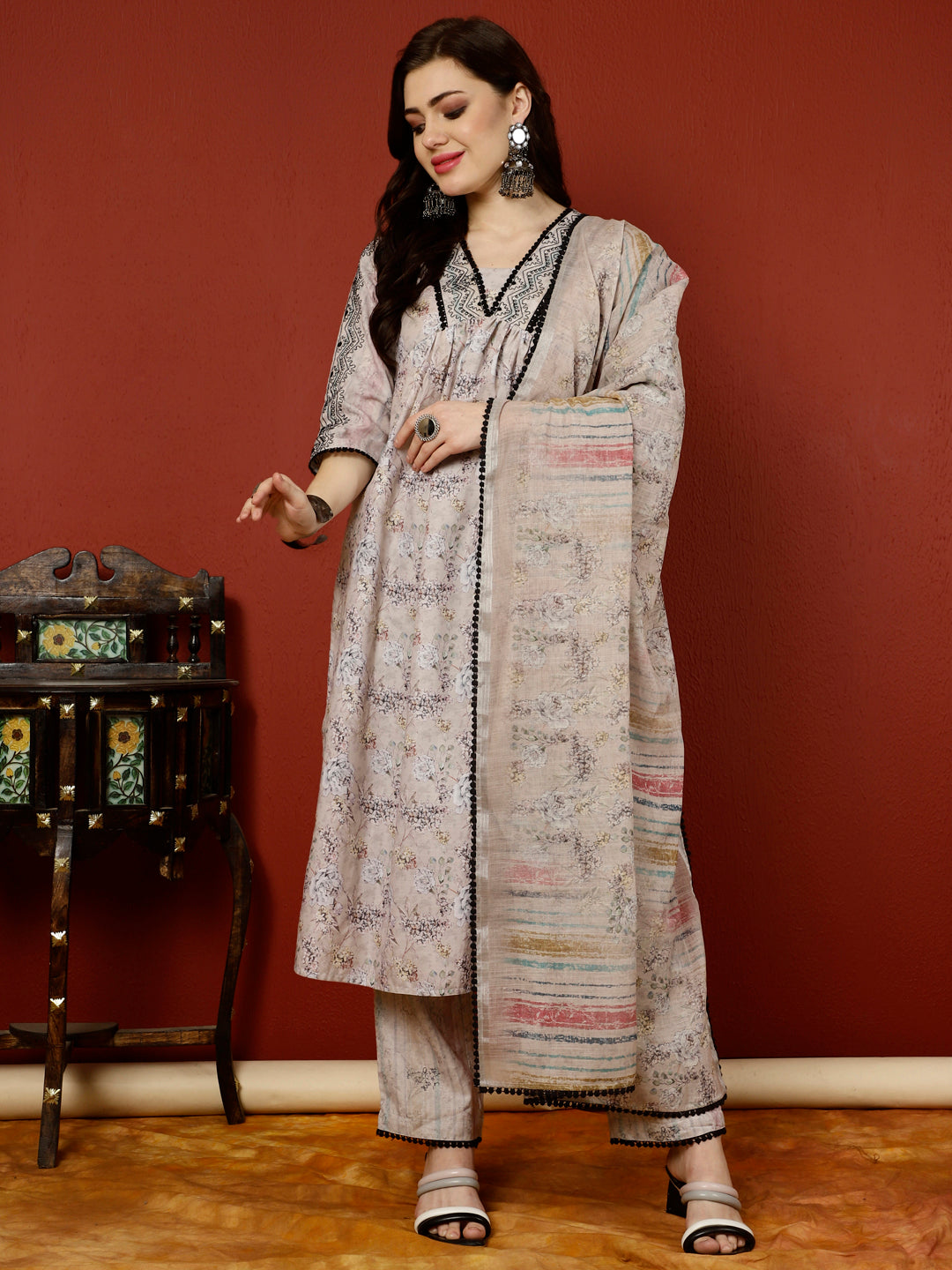 Beige Floral Digital Printed Embroidered Linen Suit Set