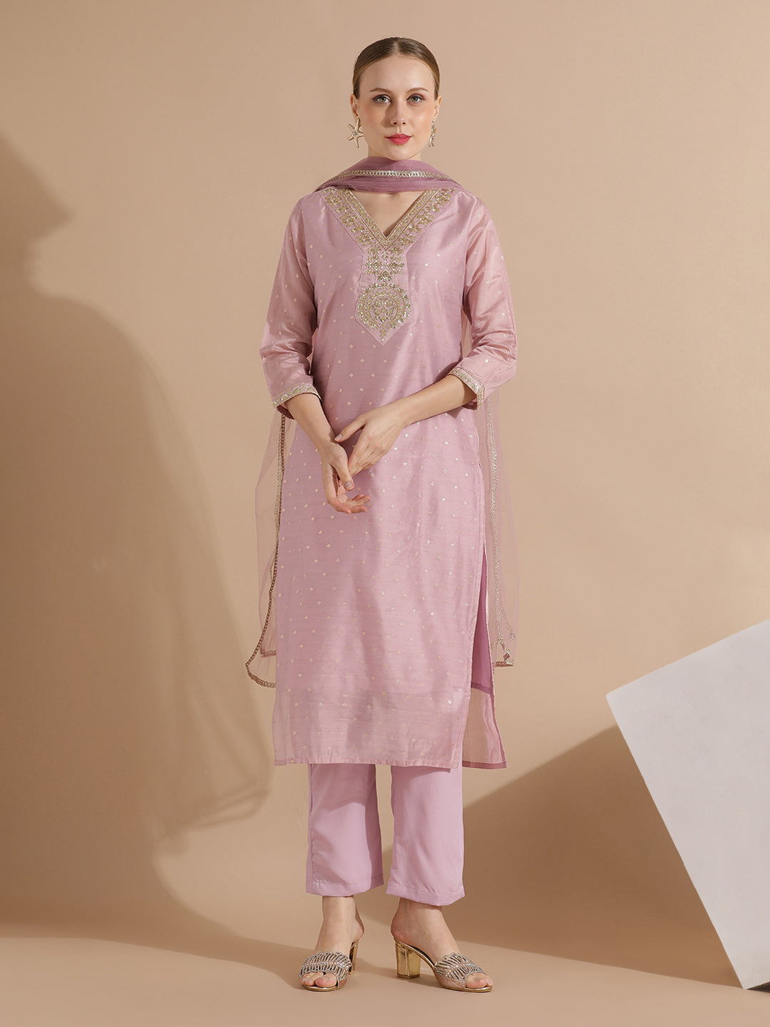 Pink Chanderi Woven Design Festive Kurta Set With Dupatta